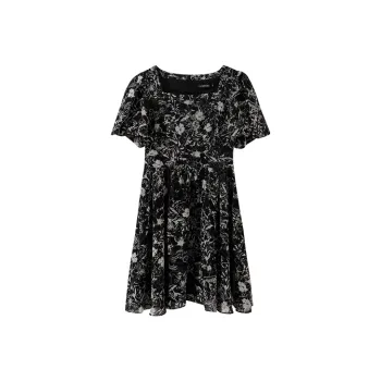 YUMOMO STAR Short Sleeved Dresses Women's Black With White Floral
