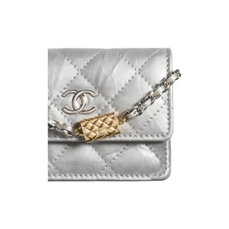 CHANEL Leather Card Holder, Coin Purse, Shoulder Bag Women's Silver-2