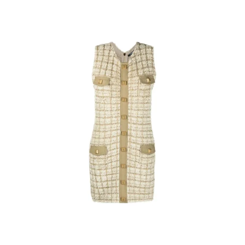 BALMAIN Buttoned Sleeveless Tweed Mini Dress-0