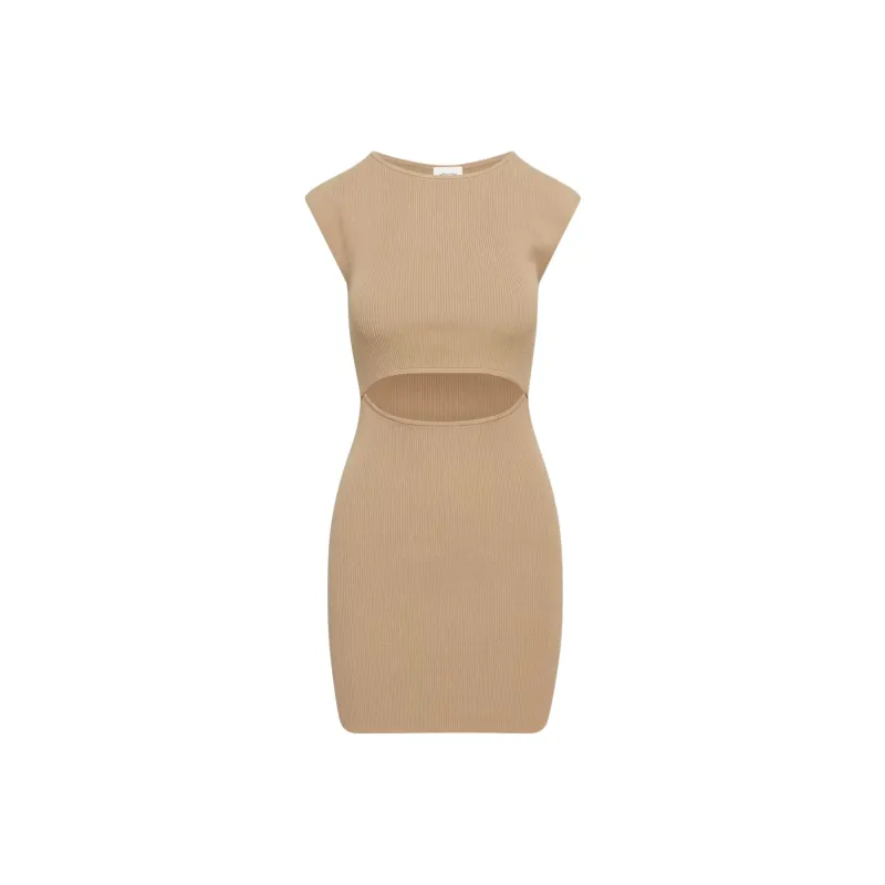 ARITZIA Wilfred Free Cut-Out Knit Mini Dress Short-Sleeved Dresses Women's Taupe Beige-0