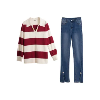 Olrain Sweatshirt Set Women's Red White Stripes