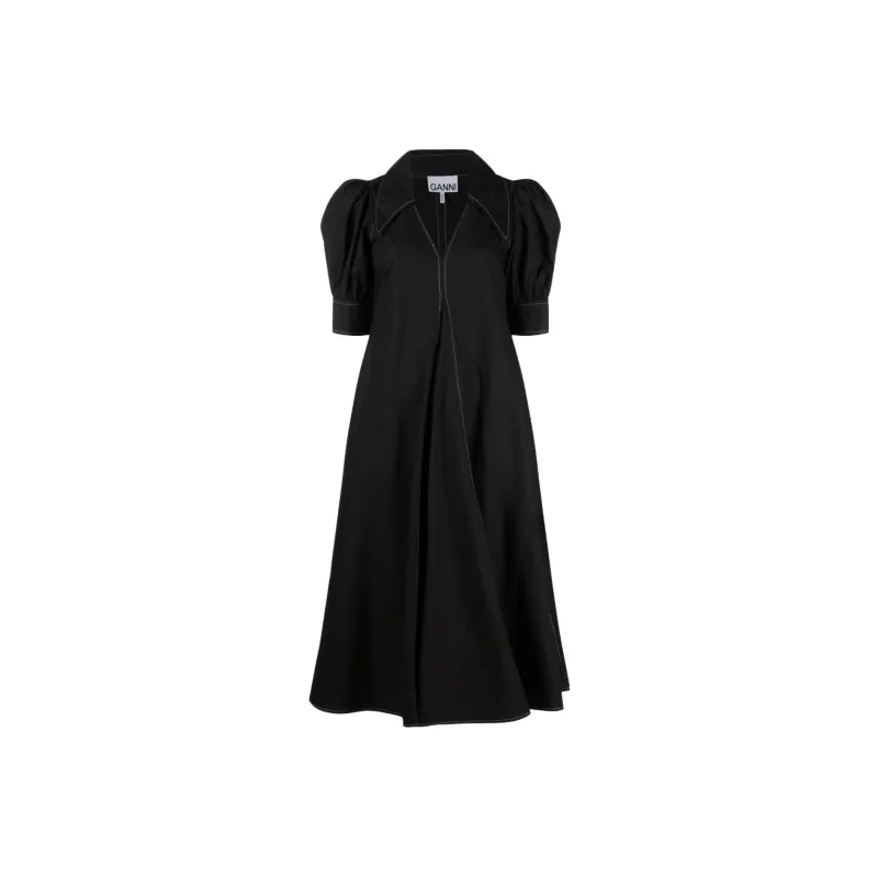 GANNI Poplin V Neck Midi Dress-4