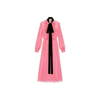 GUCCI Ruffled Silk Long Sleeve Dress Pink