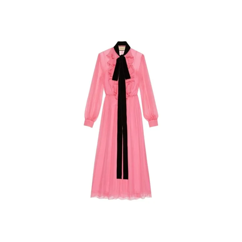 GUCCI Ruffled Silk Long Sleeve Dress Pink-0