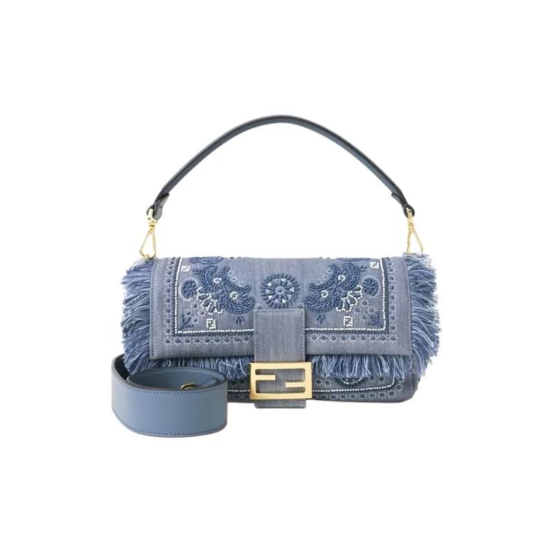 FENDI Baguette Denim Shoulder Bag, Crossbody Bag, Handbag Medium Size Women's Blue-1