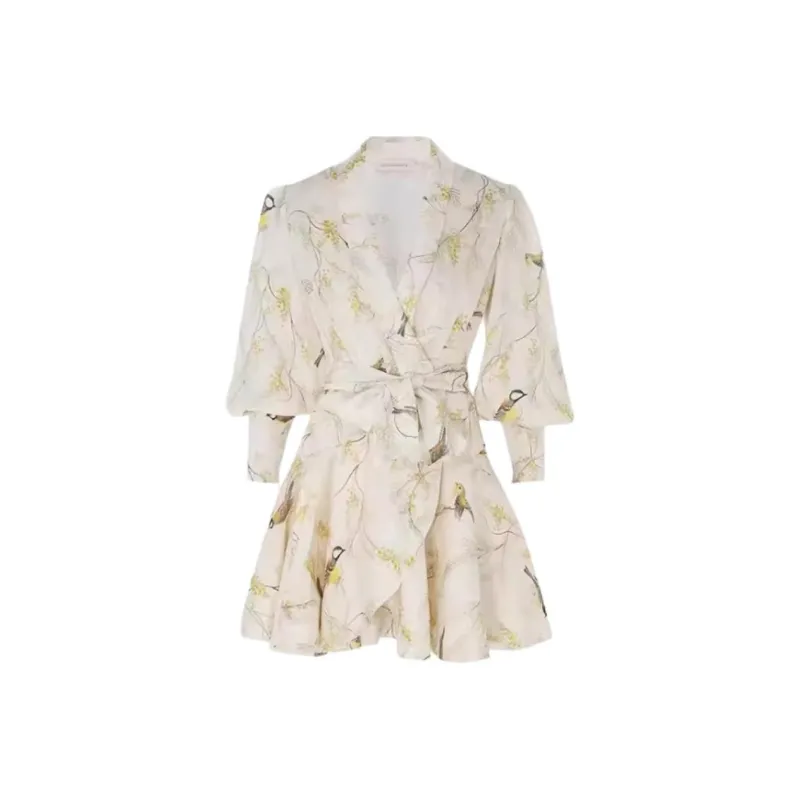 Zimmermann Acacia Birds-Printed Tied Waist Mini Dress-0