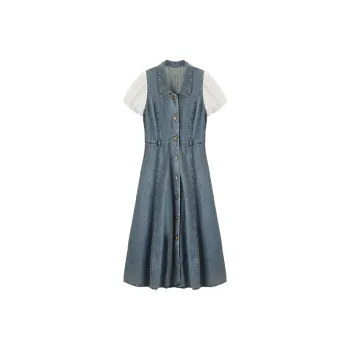 XIANGYING Short Sleeved Dress Women's Denim Blue