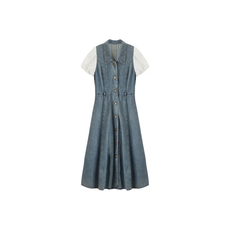 XIANGYING Short Sleeved Dress Women's Denim Blue-0