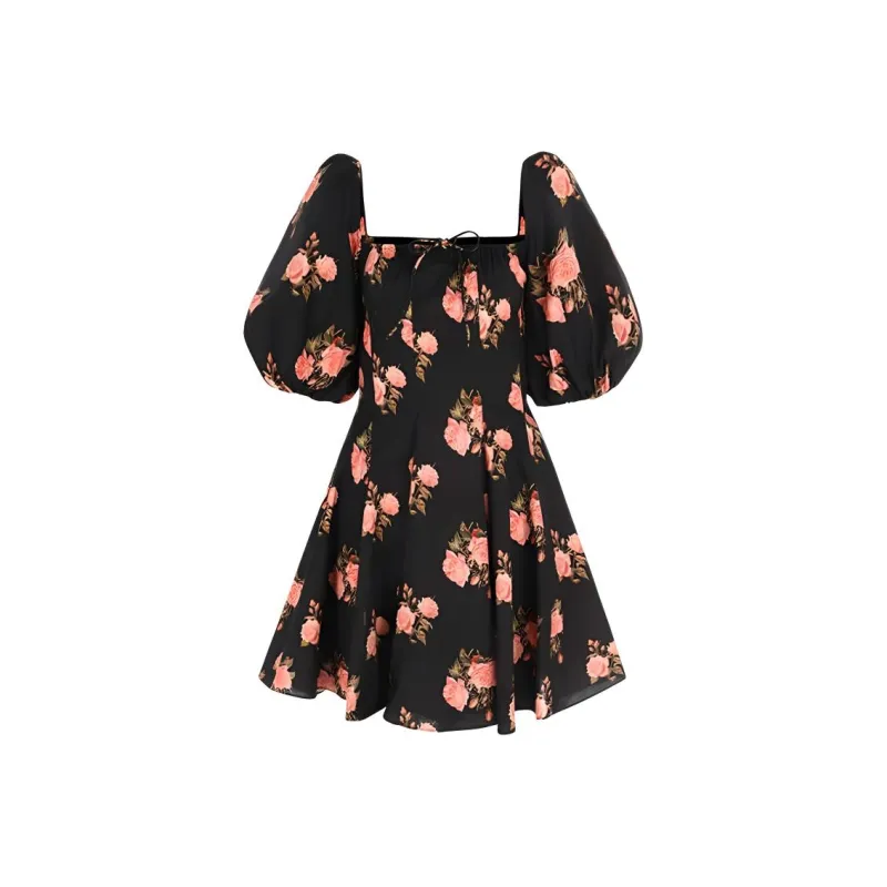 Selkie Collection FW24 Short-Sleeved Dresses Women's Black Night Pink Rose Print-0