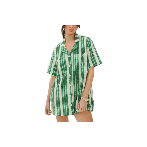 NASTY GAL Stripe Crochet Resort Shirt Dress Short-Sleeved Dresses Women's Green