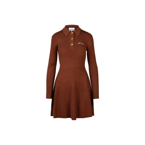 GANNI Logo embroidered Ribbed knit Polo Dress