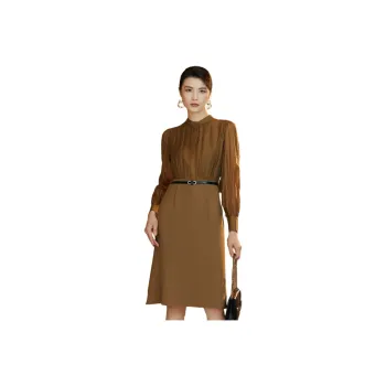 BBLLUUEE Long Sleeved Dress Women's Elegant Camel