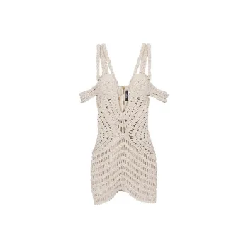 BALMAIN Off Shoulder Macrame Knit Dress