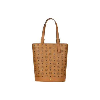 MCM Cow Leather Tote Crossbody Bag, Bucket Bag, Handbag, Shoulder Bag Medium Size Women's Cognac Brown