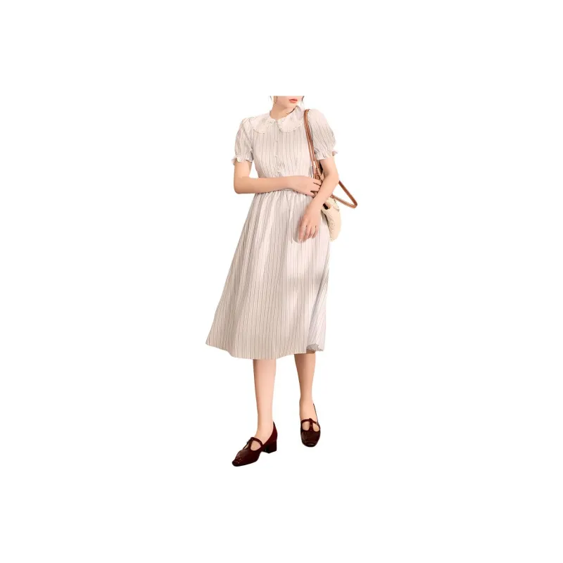 QIAOYUHUAZUN Short Sleeved Dresses Women's Blue White Stripes-0