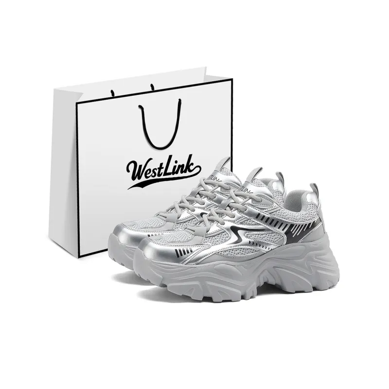 WESTLINK Abrasion Resistant Low Top Chunky Sneakers Women's Silver Gray-0