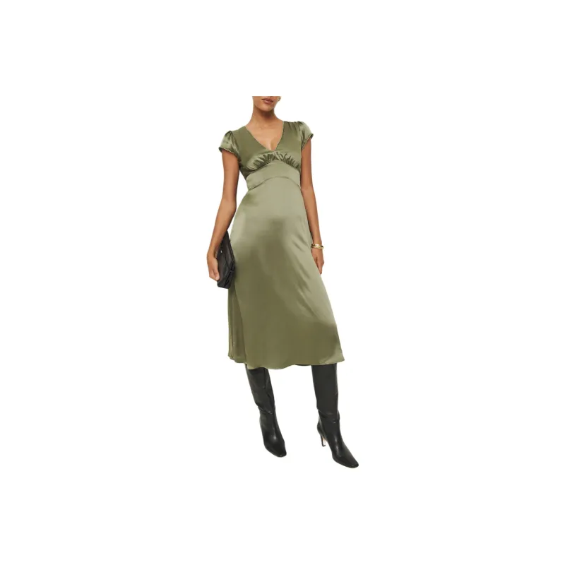 REFORMATION Cassie Silk Dress Short-Sleeved Dress Me Women's Aloe Vera Green-0