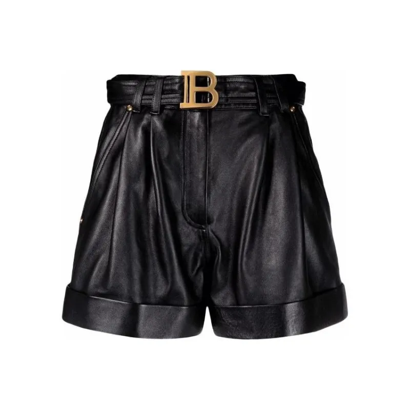 BALMAIN B Plaque Leather Shorts-0