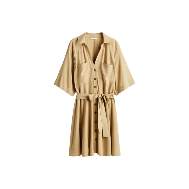 H&M Short Sleeved Dress Women's Beige-0