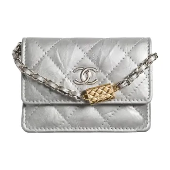 CHANEL Leather Card Holder Coin Purse Shoulder Bag Women's Silver