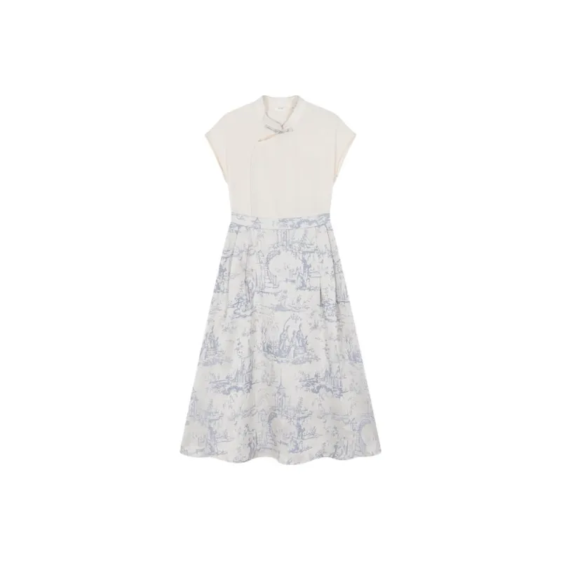 IHIMI Short Sleeved Dresses Women's Ecru+Sky Blue-0