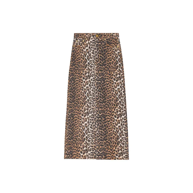 GANNI High waisted Leopard print Denim Midi Skirt-0
