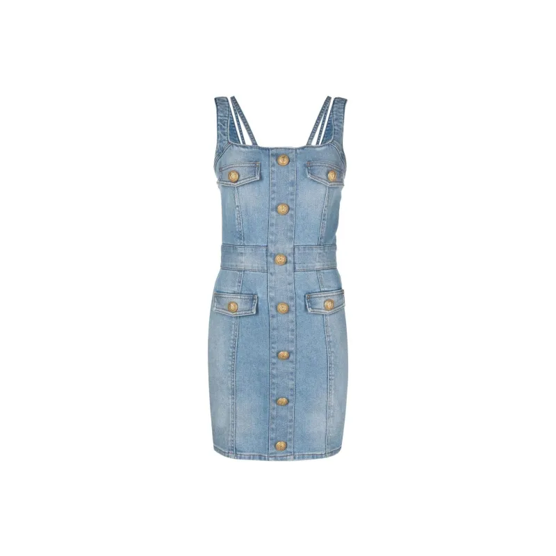 BALMAIN Button Detailed Sleeveless Denim Dress-0