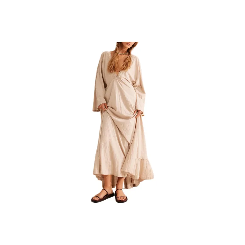 FREE PEOPLE Eliza Maxi Long-Sleeved Dresses Women's Morning Oat/Morning Oatmeal-0