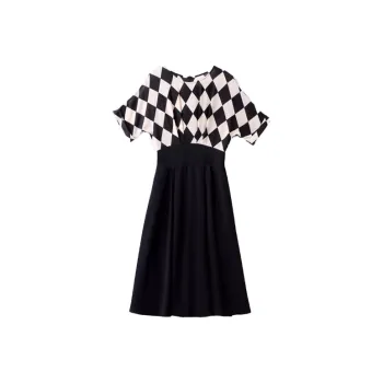 Mapping Short Sleeved Dresses Women's Black White Diamond Pattern