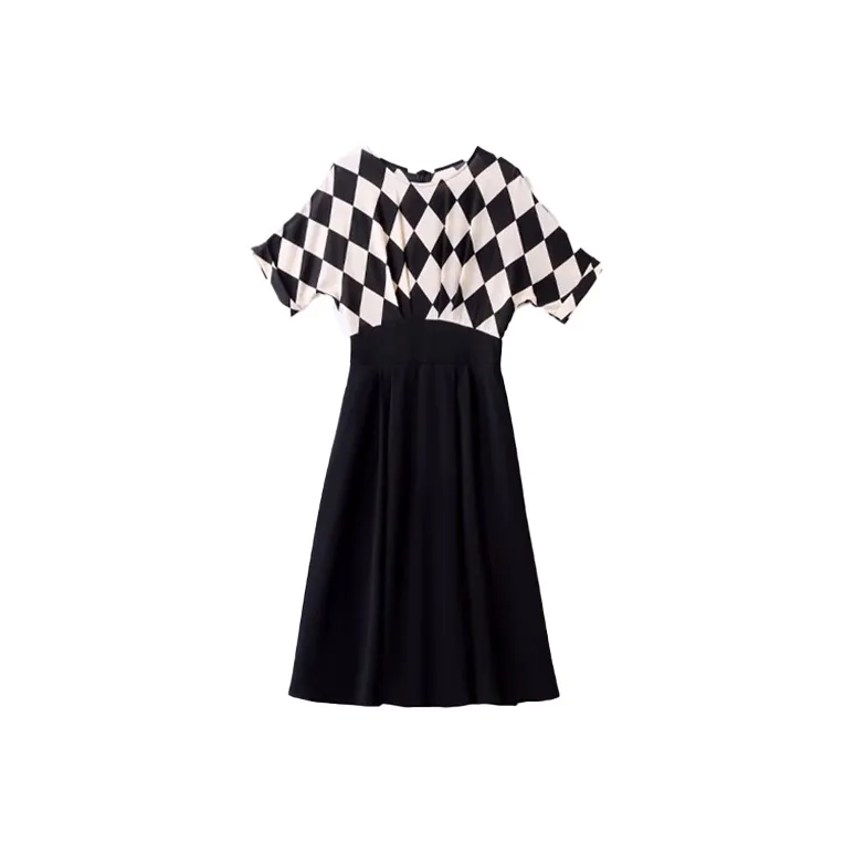 Mapping Short Sleeved Dresses Women's Black White Diamond Pattern-0