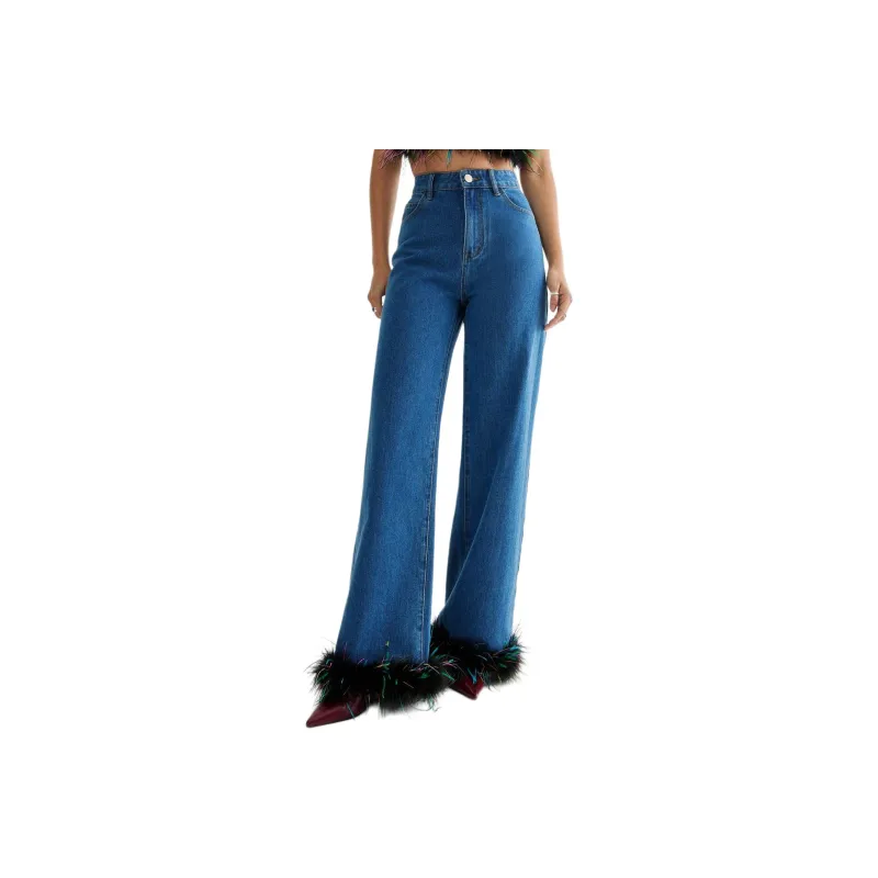 NASTY GAL Limited Feather Trim Denim Jean Jeans Women's Blue-0