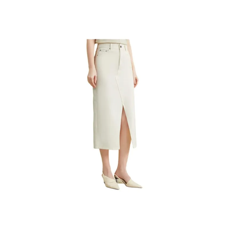Yiner Denim Long Skirt Women's Cream White-0