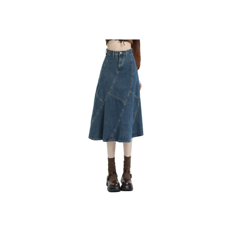 Rose Denim Long Skirts Women's Blue-0