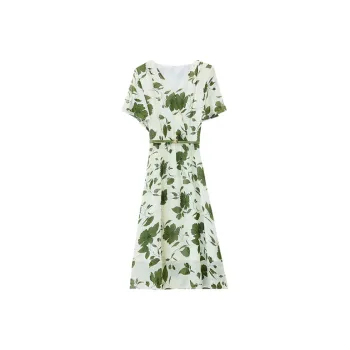 DOSOHEB Short-Sleeved Dresses Women's White Base With Green Floral Pattern
