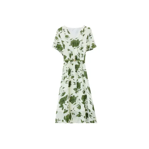 DOSOHEB Short Sleeved Dresses Women's White Base With Green Floral Pattern