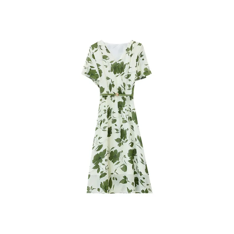 DOSOHEB Short-Sleeved Dresses Women's White Base With Green Floral Pattern-0