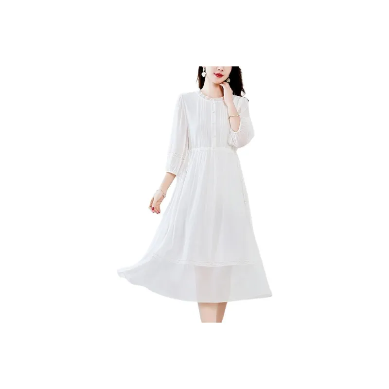 Yi Mengyuan Silk Long Sleeved Dress Women's White-0