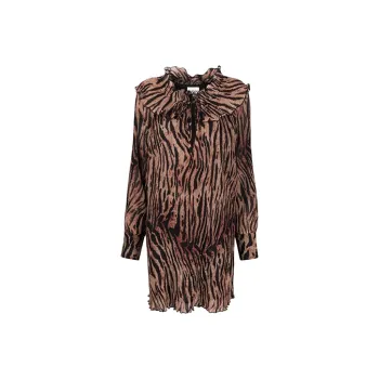 GANNI Pleated Georgette Adjustable Collar Mini Dress 'Tiger's Eye'