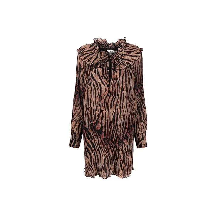 GANNI Pleated Georgette Adjustable Collar Mini Dress 'Tiger's Eye'-0