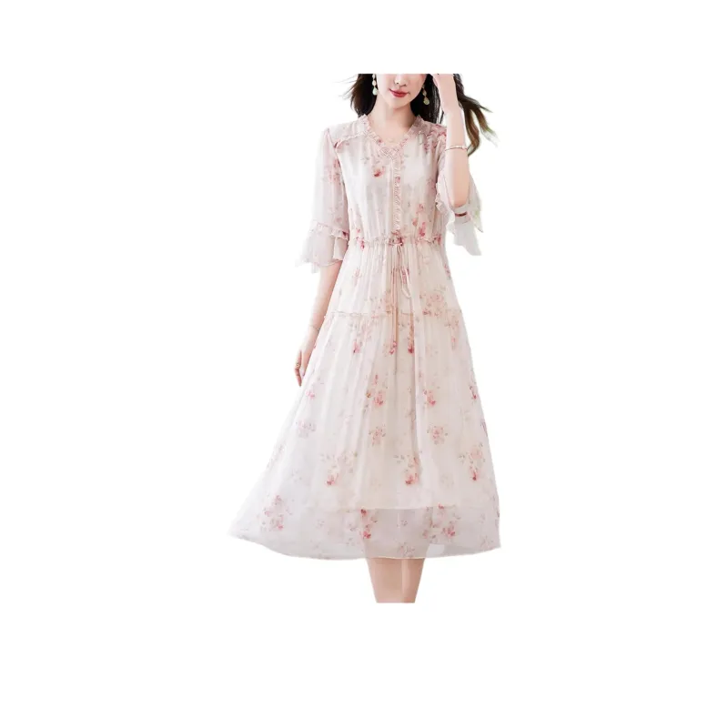 Yi Mengyuan Silk Long Sleeved Dress Women's Pink-0