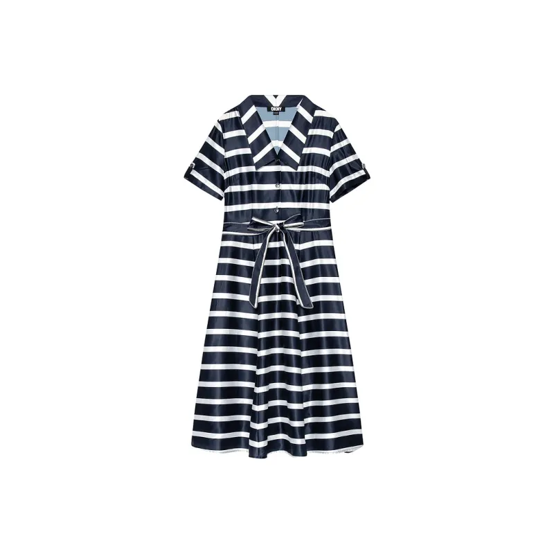 DKNY Short Sleeved Dress Women's Navy Blue Stripes-0