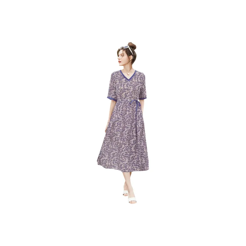 TOUCH SS24 Short-Sleeved Dresses Women's Pink Base With Purple Flowers-0