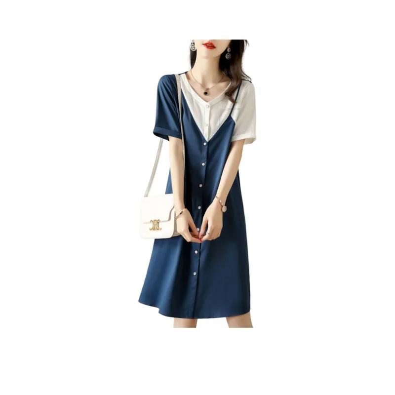 Wbwq Short Sleeved Dress Women's Blue & White-0