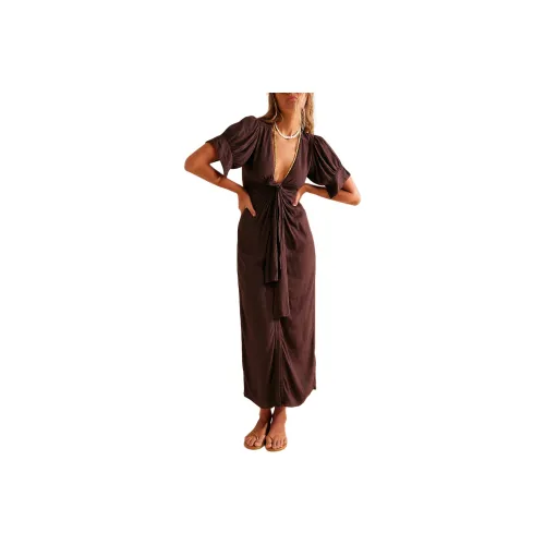 FREE PEOPLE Vintage Summer Midi Dress Short-Sleeved Dresses Women's Double Espresso/Dark Coffee Color