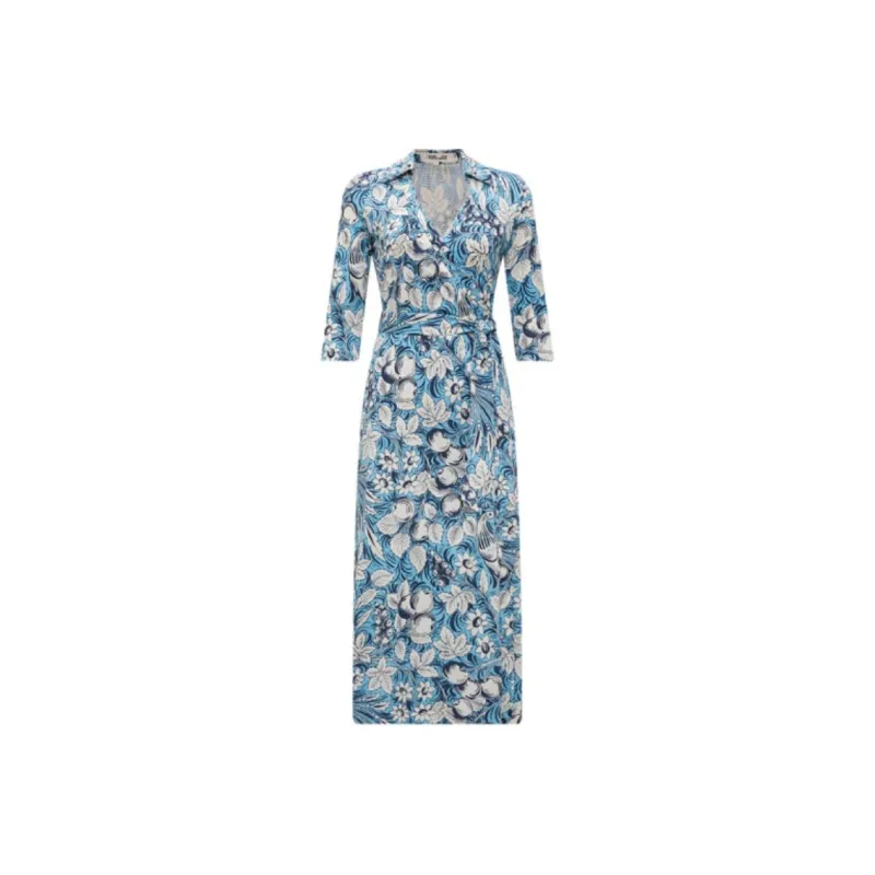 DVF Diane Von Furstenberg SS24 Long-Sleeved Dresses Women's Dream Blue Paradise Bird Pattern-0