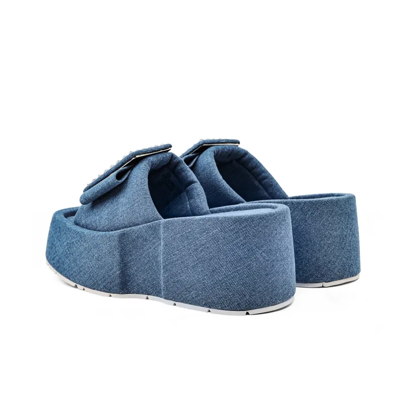 KMD Rubber Sole Metal Rhinestone Quiet Cushioning Slide Slippers Women's Blue-3