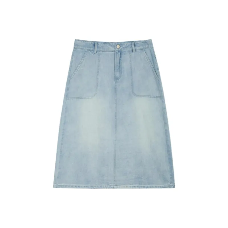 Yiner Denim Long Skirt Women's Light Blue-0