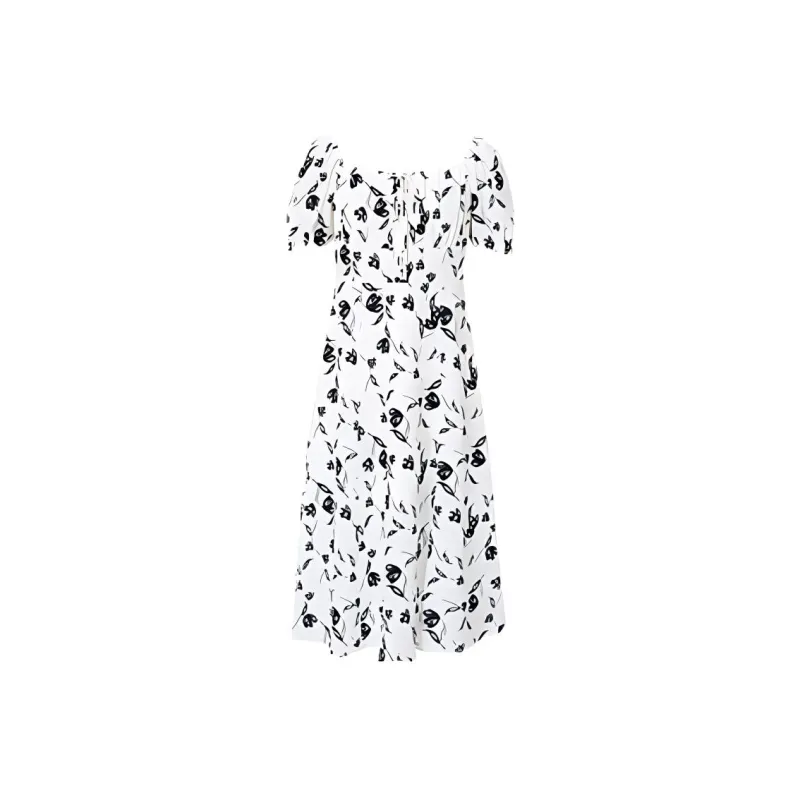 Hopeshow Short Sleeved Dress Women's Beige With Black Floral-0