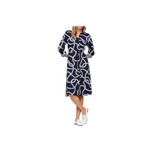 Tommy Hilfiger Nautical Rope Print Midi Long-Sleeved Dresses Women's Navy