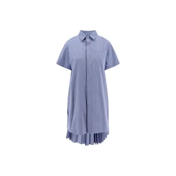 Sacai Striped Pleated Midi Chemisier Dress